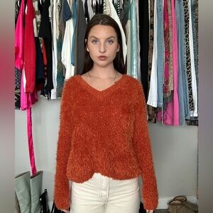 Fuzzy Orange V-Neck Sweater